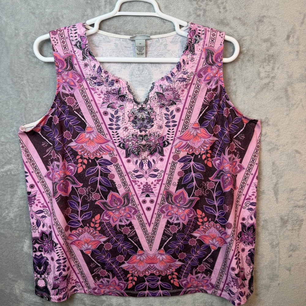 Catherines Womens Tank Top 2X Floral Boho Embellished V-Neck Blouse Sleeveless